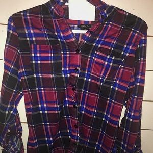 Purple Plaid Print Button Down Double Pocket Shirt